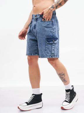 Blue Utility Pocket  Denim Shorts-MASCLN SASSAFRAS