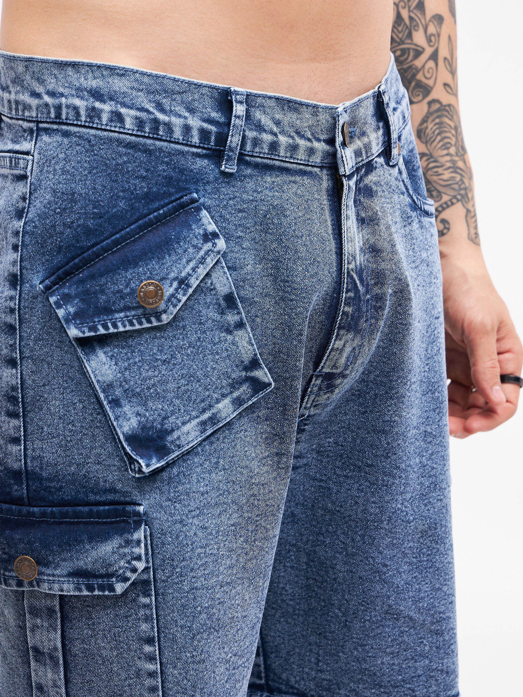 Blue Utility Pocket  Denim Shorts-MASCLN SASSAFRAS