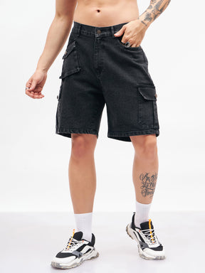 Black Utility Pocket Denim Shorts-MASCLN SASSAFRAS