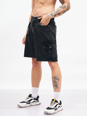 Black Utility Pocket Denim Shorts-MASCLN SASSAFRAS