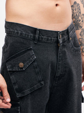 Black Utility Pocket Denim Shorts-MASCLN SASSAFRAS