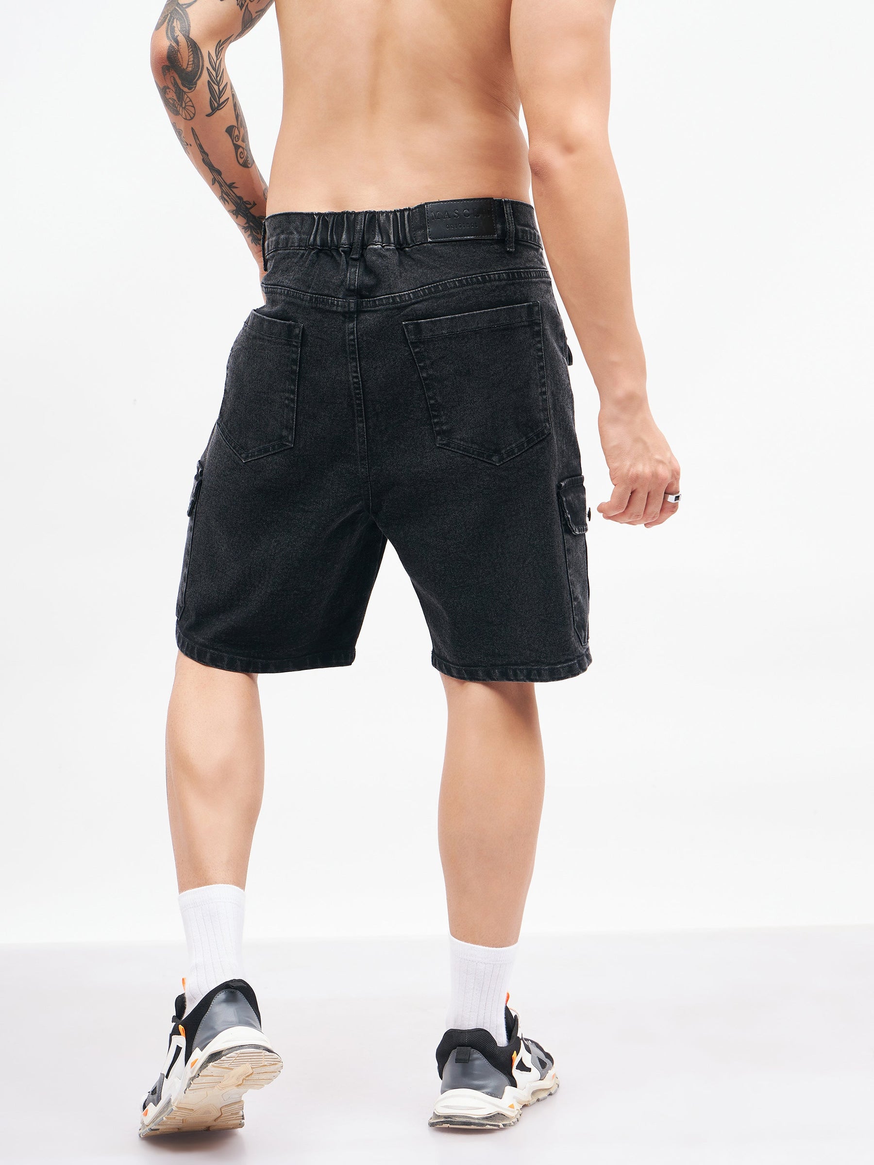 Black Utility Pocket Denim Shorts-MASCLN SASSAFRAS