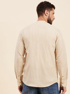 Men Yellow Multi Stripes Mandarin Collar Shirt