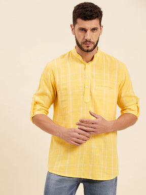 Yellow & White Check Roll-Up Sleeves Kurta Shirt-MASCLN