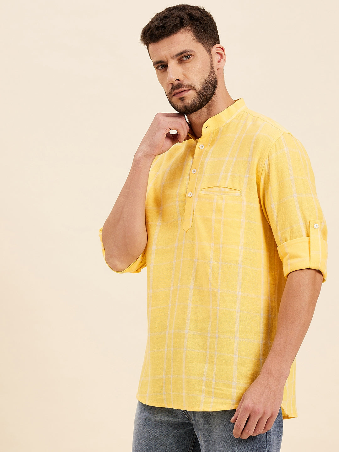 Men Yellow & White Check Roll-Up Sleeves Kurta Shirt
