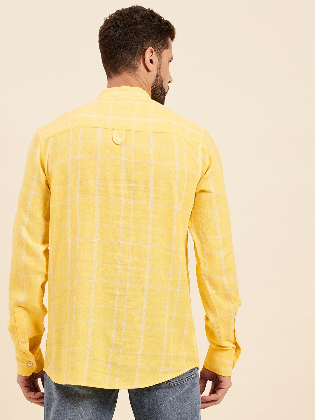 Men Yellow & White Check Roll-Up Sleeves Kurta Shirt