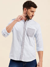 Blue Pin Stripes Mandarin Collar Epaulet Shirt-MASCLN