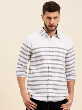 White & Grey Breton Stripes Collar Shirt-MASCLN