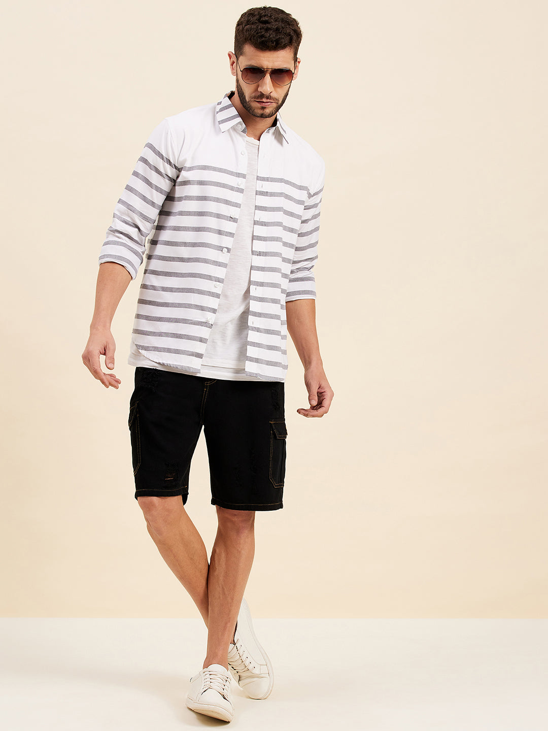 Men White & Grey Breton Stripes Collar Shirt