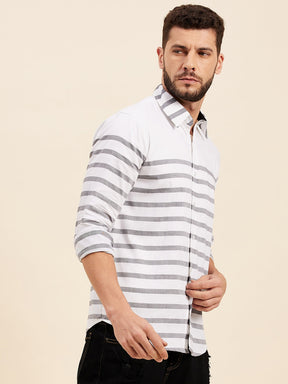 Men White & Grey Breton Stripes Collar Shirt