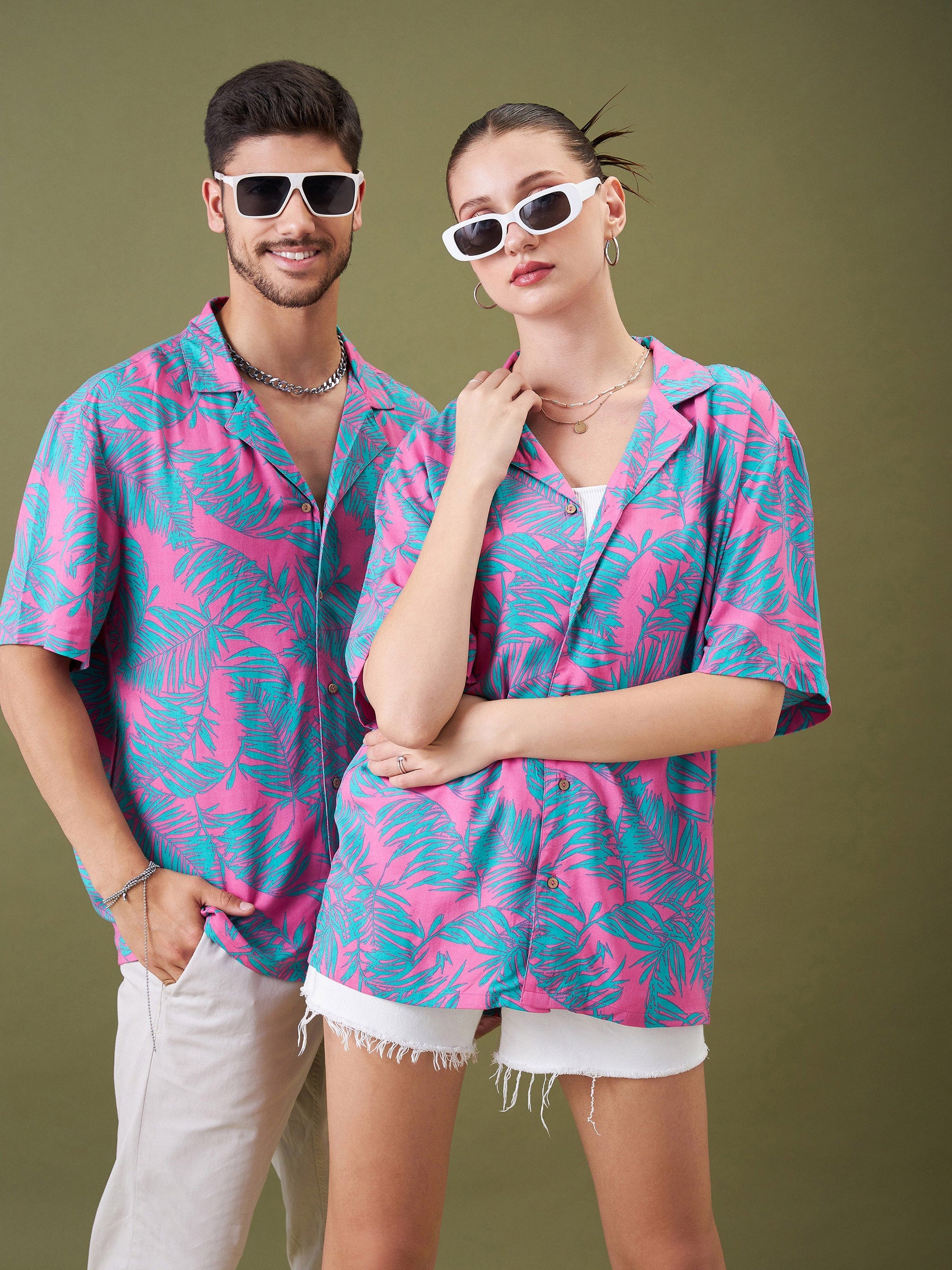 Unisex Fuchsia & Green Tropical Floral Relax Fit Shirt-MASCLN SASSAFRAS