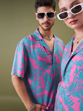 Unisex Fuchsia & Green Tropical Floral Relax Fit Shirt-MASCLN SASSAFRAS