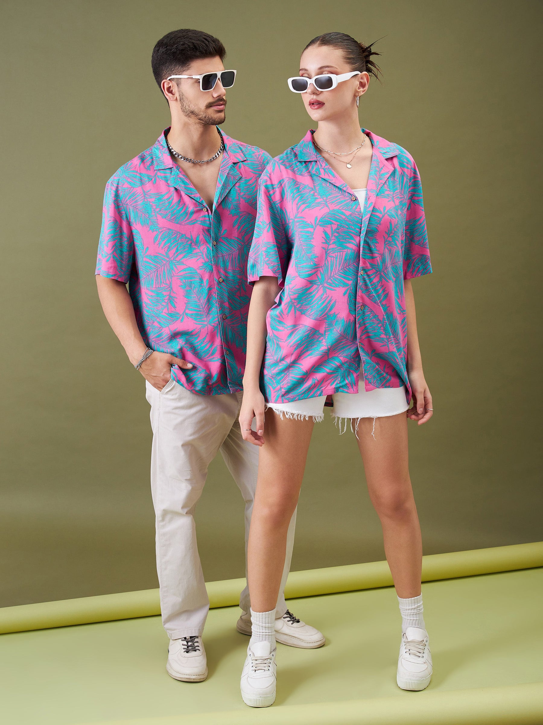 Unisex Fuchsia & Green Tropical Floral Relax Fit Shirt-MASCLN SASSAFRAS