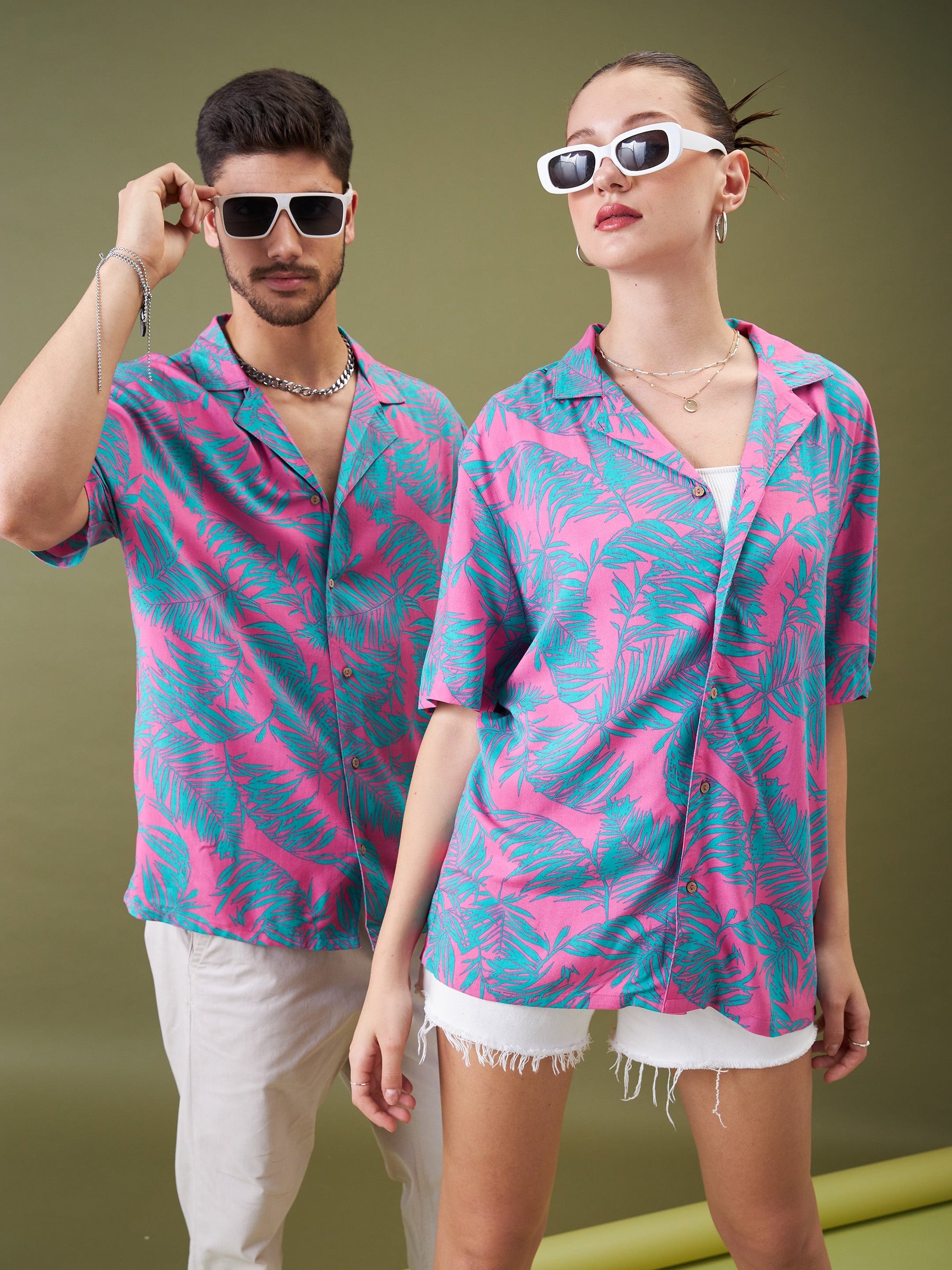 Unisex Fuchsia & Green Tropical Floral Relax Fit Shirt-MASCLN SASSAFRAS