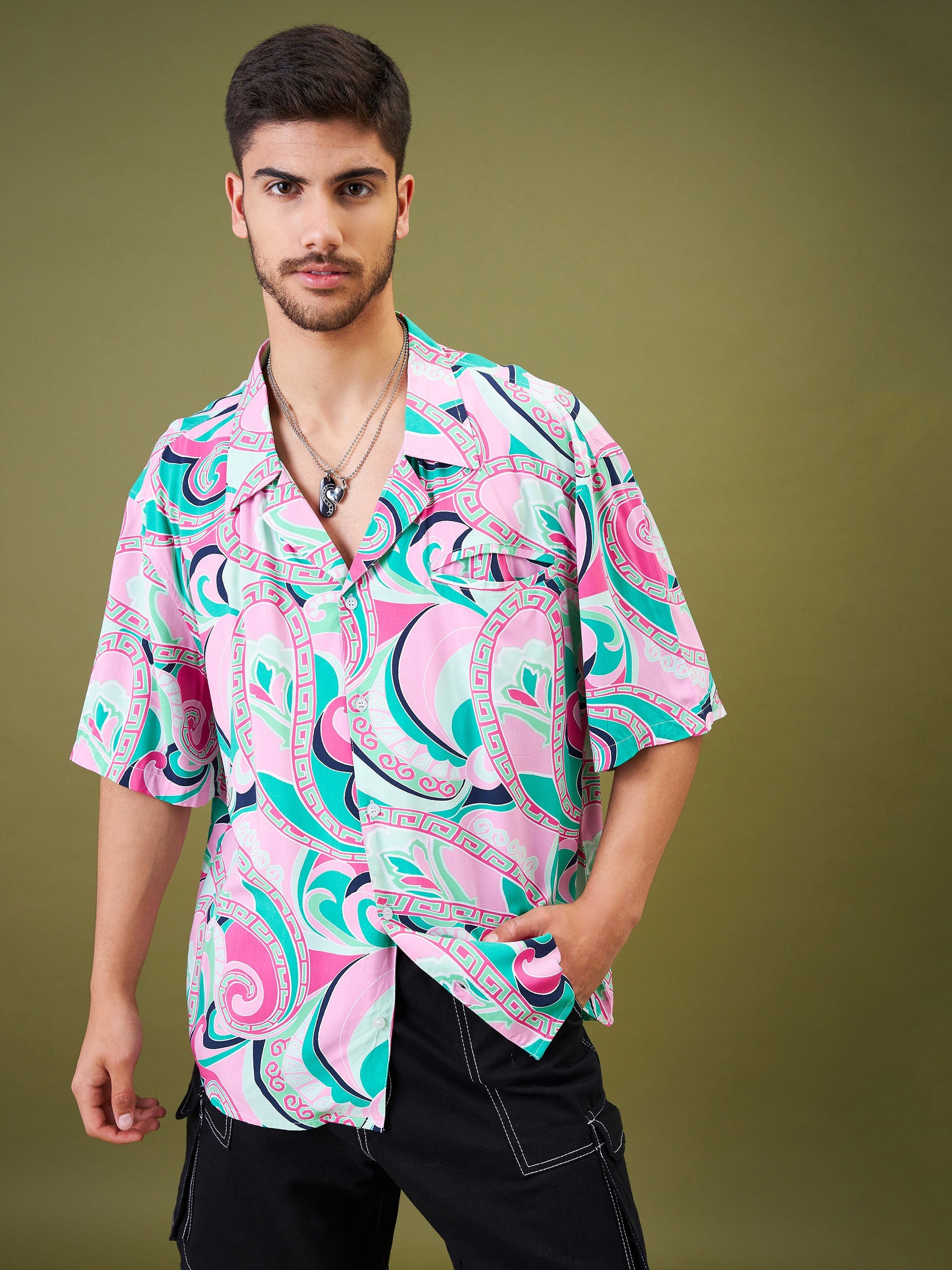 Pink & Green Tropical Floral Oversized Shirt-MASCLN SASSAFRAS