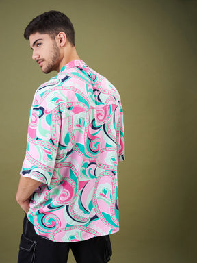 Pink & Green Tropical Floral Oversized Shirt-MASCLN SASSAFRAS