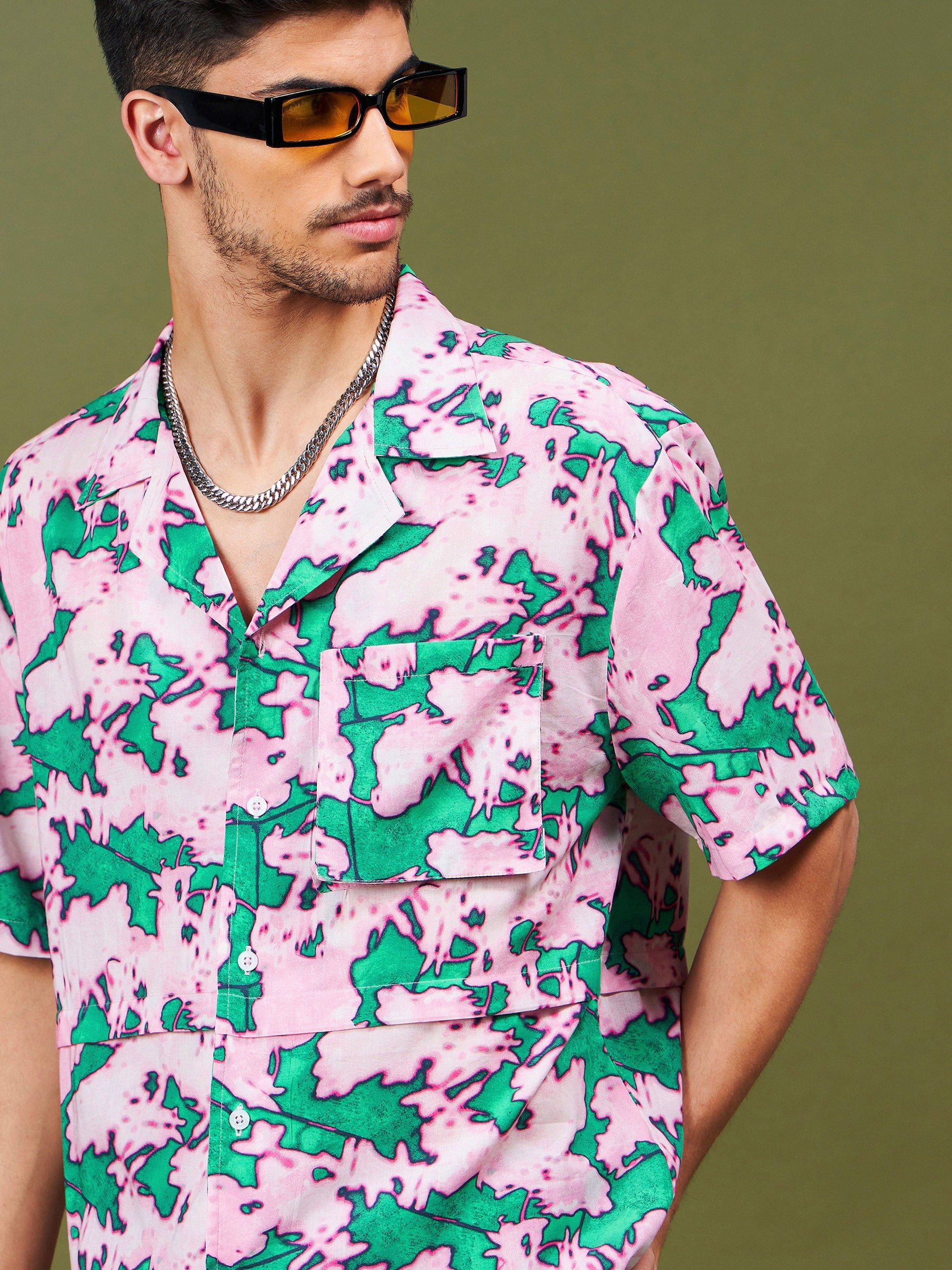 Unisex Pink & Green Tropical Relax Fit Shirt-MASCLN SASSAFRAS