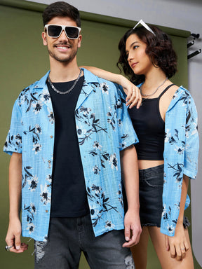 Unisex Sea Green & Black Floral Relax Fit Shirt-MASCLN SASSAFRAS