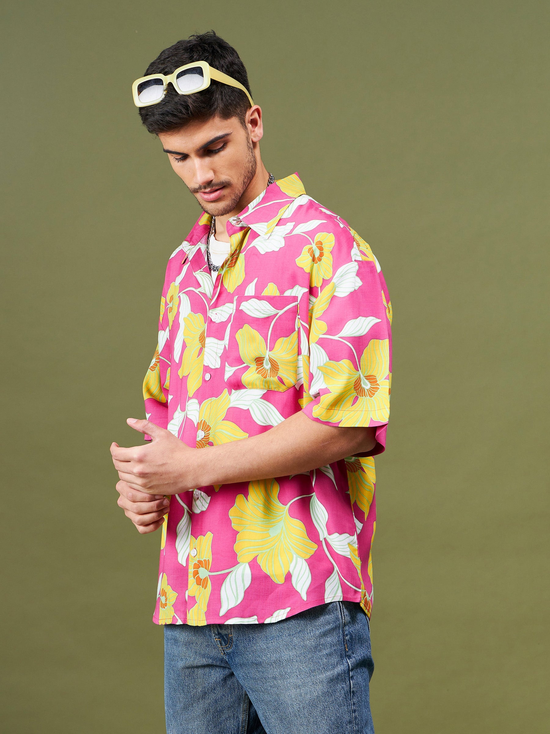 Fuchsia Tropical Oversized Shirt-MASCLN SASSAFRAS