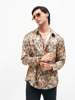 Brown Floral Animal Print  Satin Shirt-MASCLN SASSAFRAS