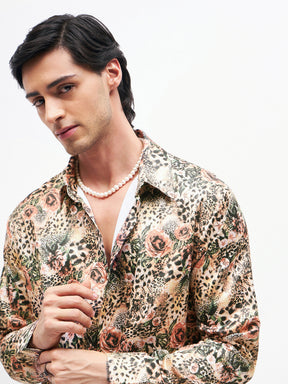 Brown Floral Animal Print  Satin Shirt-MASCLN SASSAFRAS