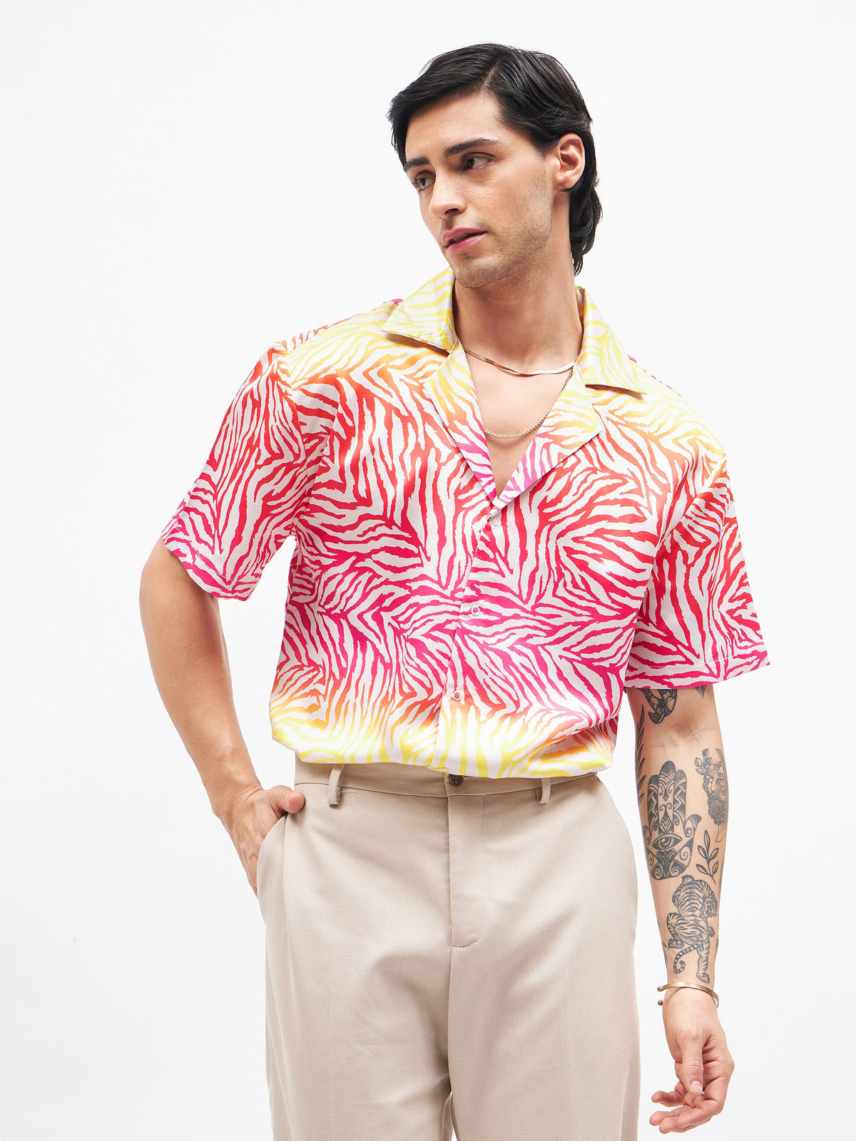 Pink Zebra Short Sleeves Satin Shirt-MASCLN SASSAFRAS