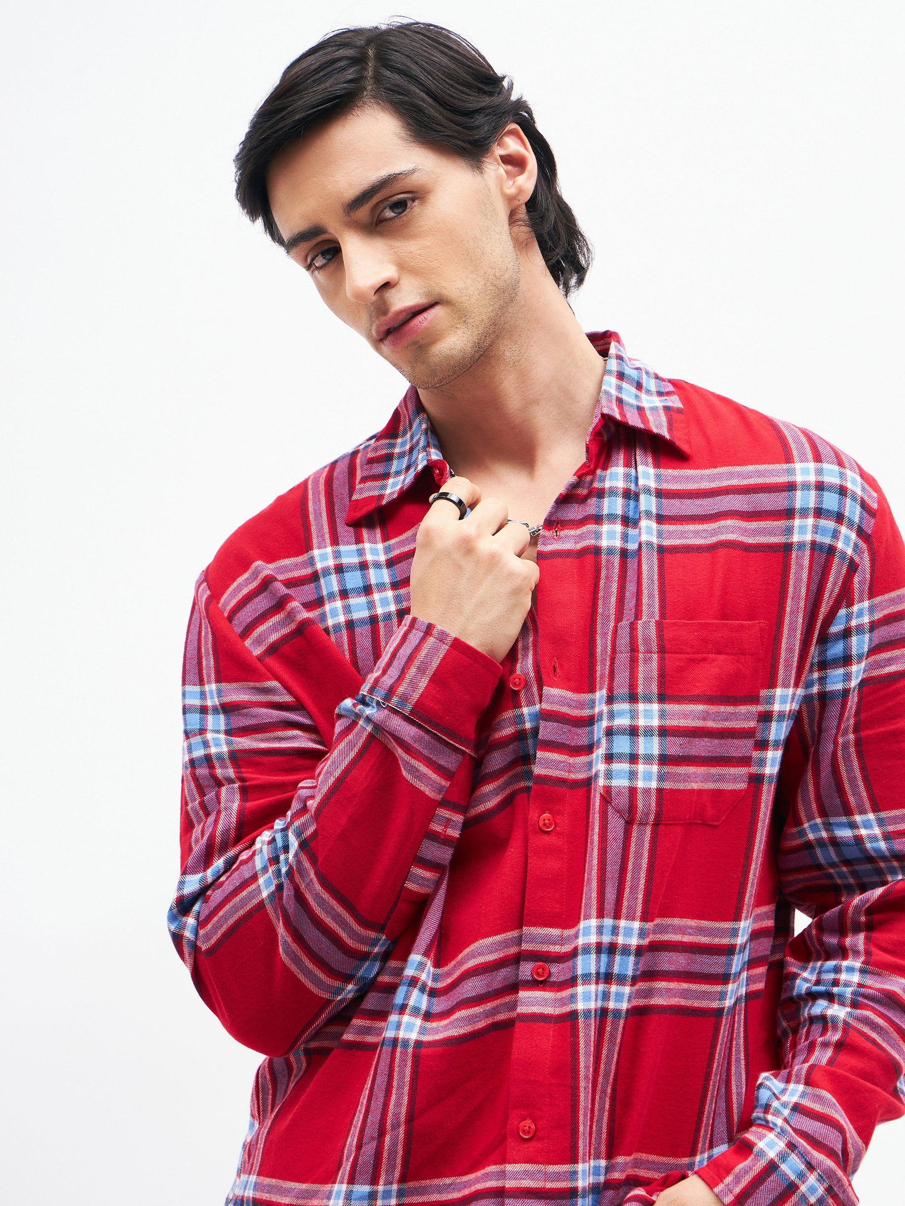 Unisex Red Check NEW DAY Oversized Shirt-MASCLN SASSAFRAS