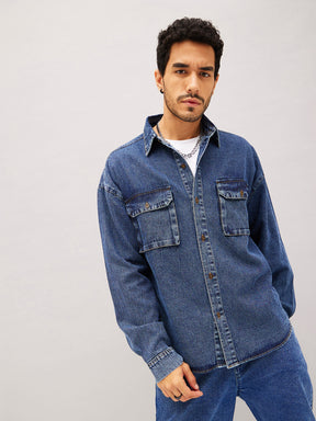 Blue Denim Oversized Shirt-MASCLN SASSAFRAS