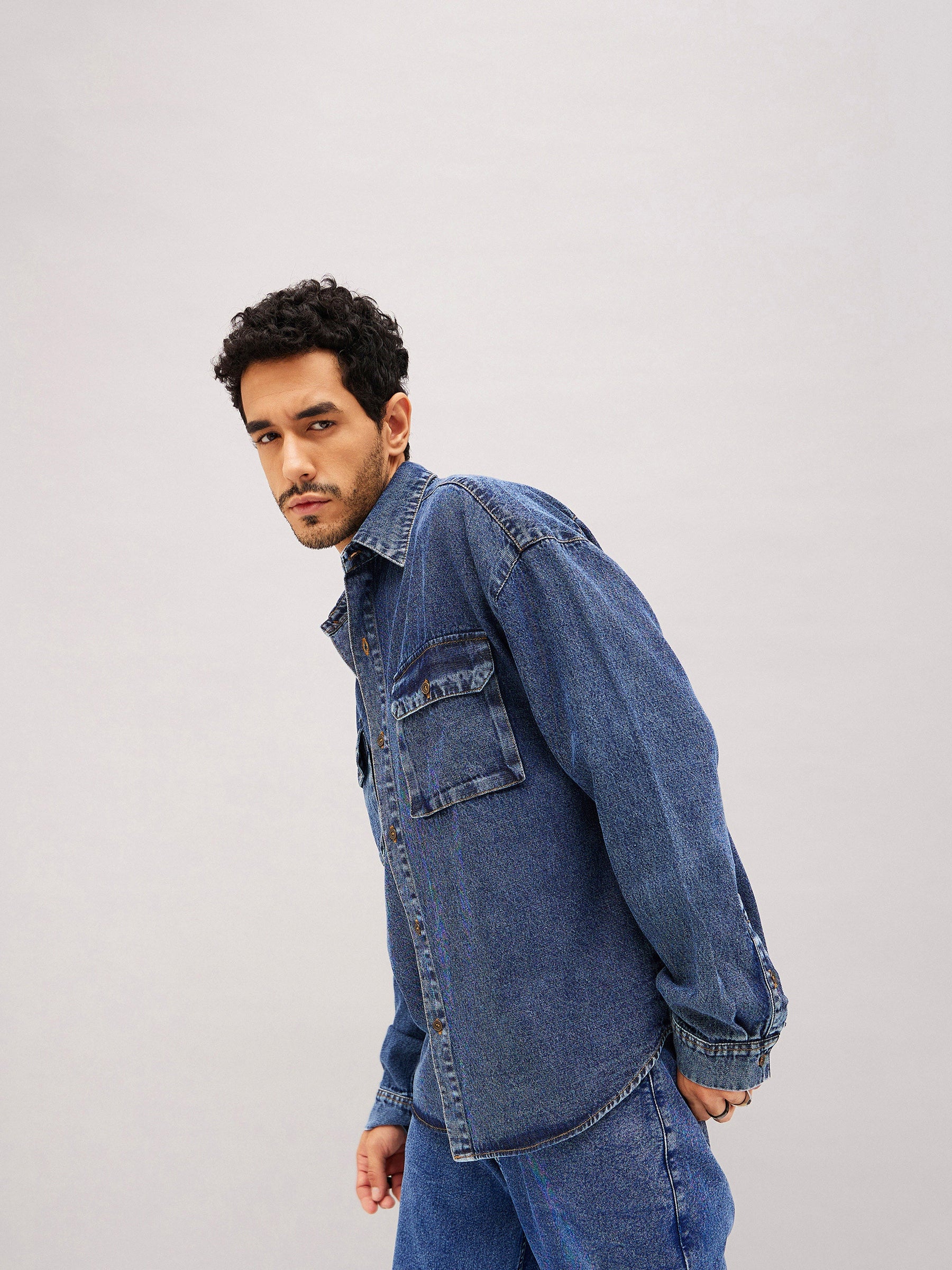 Blue Denim Oversized Shirt-MASCLN SASSAFRAS