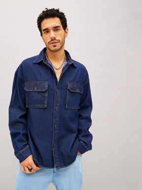 Navy Denim Oversized Shirt-MASCLN SASSAFRAS