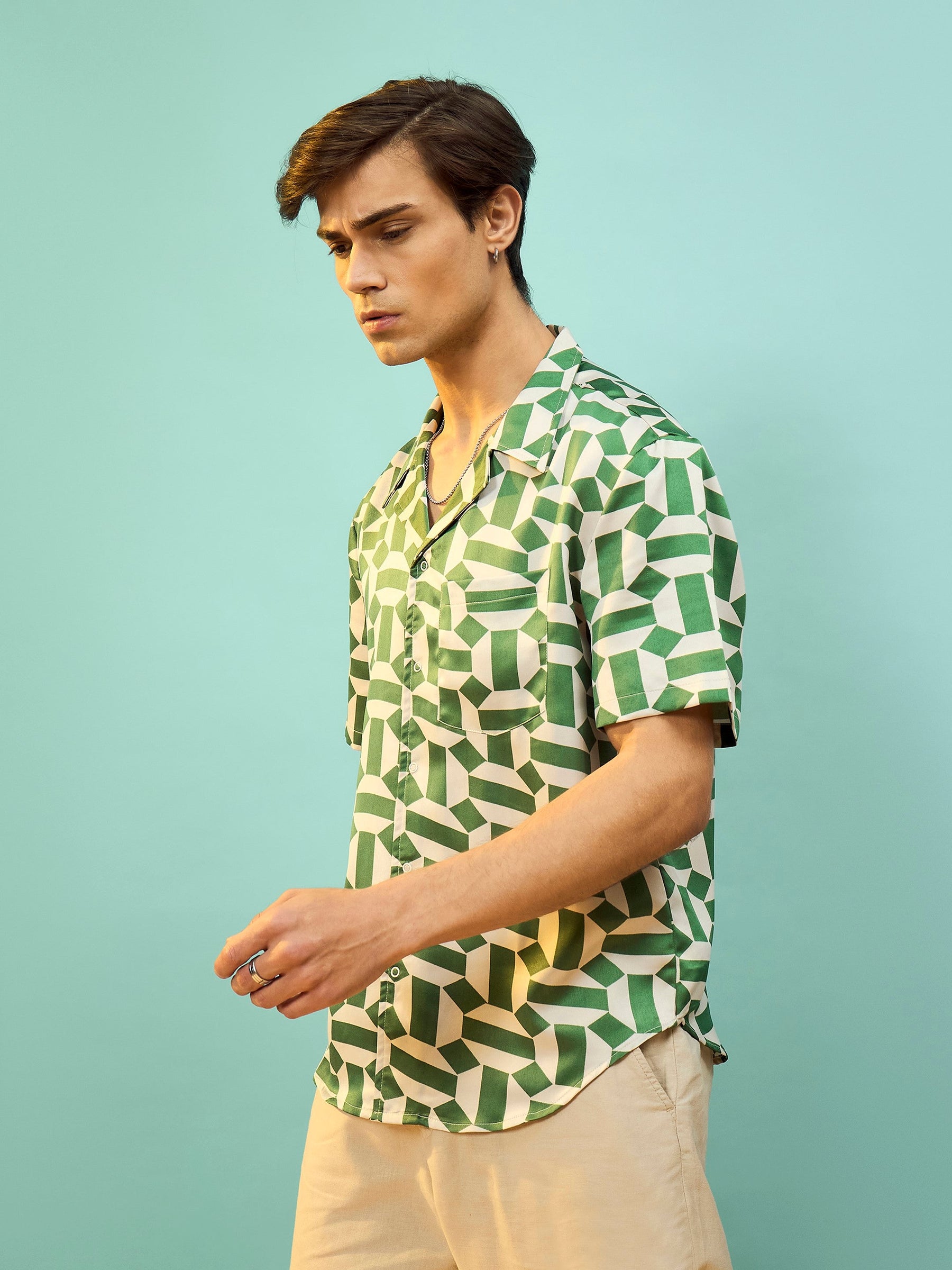 Green Satin Printed Relax Fit Shirt-MASCLN SASSAFRAS