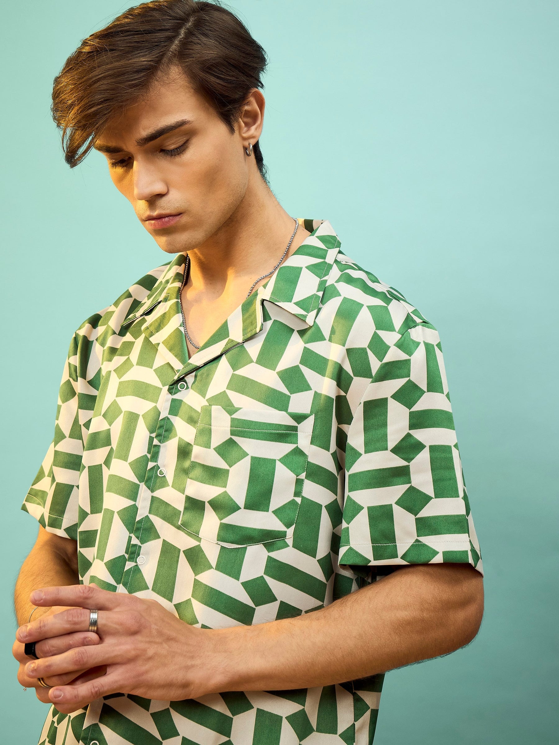 Green Satin Printed Relax Fit Shirt-MASCLN SASSAFRAS