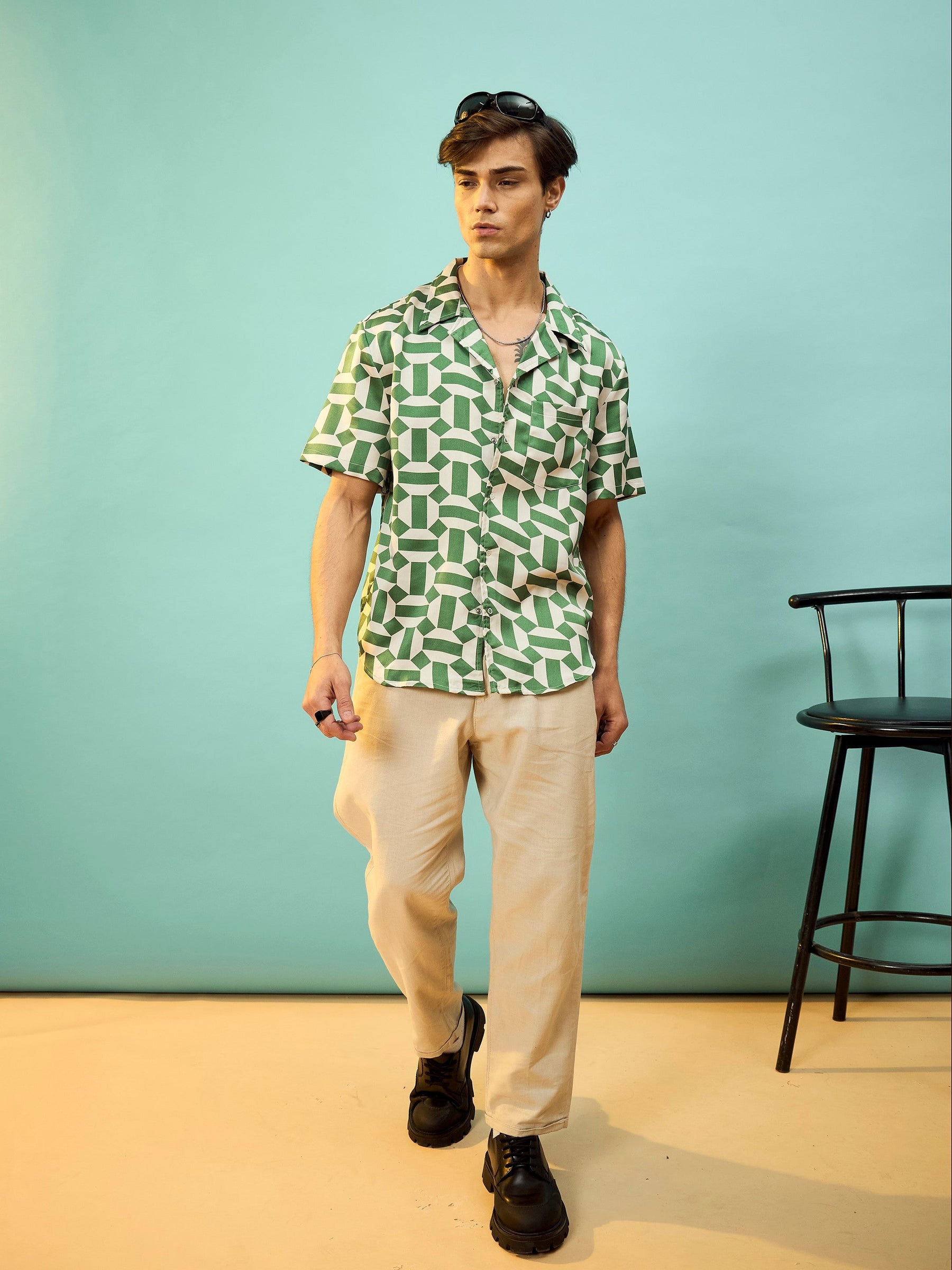 Green Satin Printed Relax Fit Shirt-MASCLN SASSAFRAS