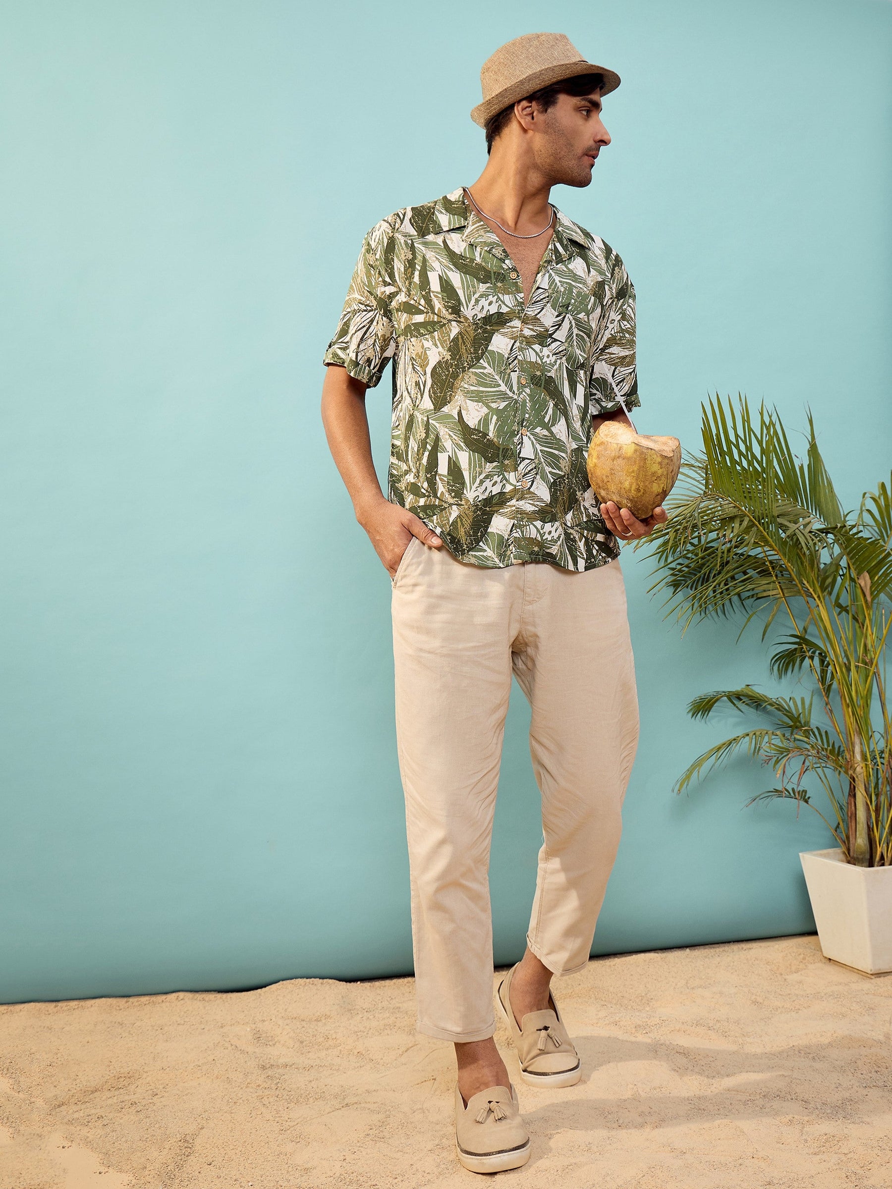 Unisex Olive Tropical Print Relax Fit Shirt-MASCLN SASSAFRAS