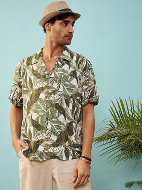 Unisex Olive Tropical Print Relax Fit Shirt-MASCLN SASSAFRAS