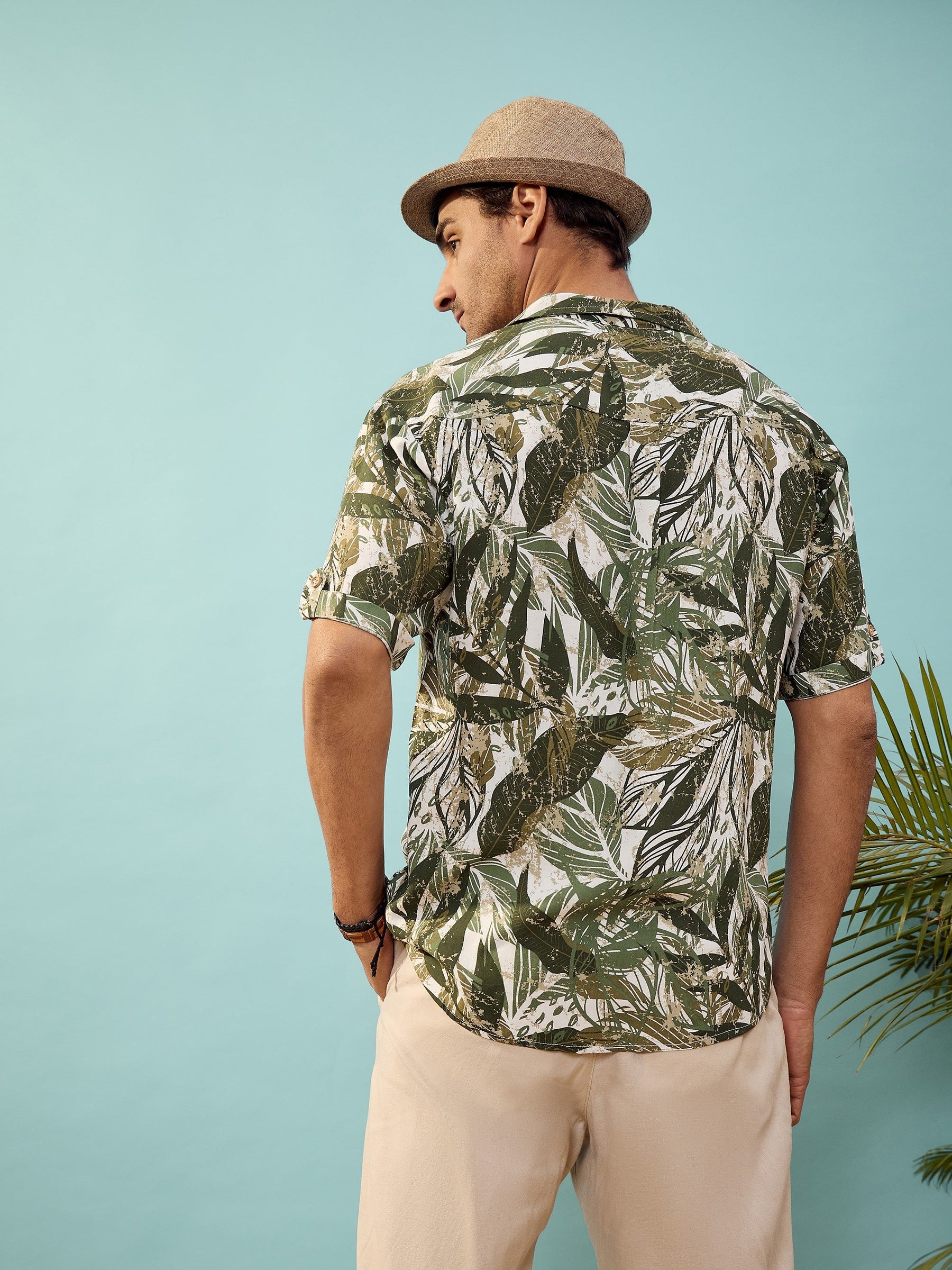 Unisex Olive Tropical Print Relax Fit Shirt-MASCLN SASSAFRAS