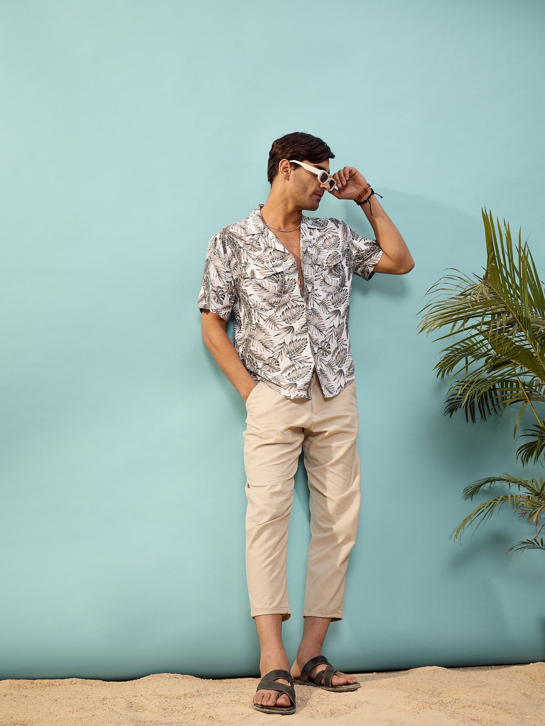 Unisex Grey Tropical Print Relax Fit Shirt-MASCLN SASSAFRAS