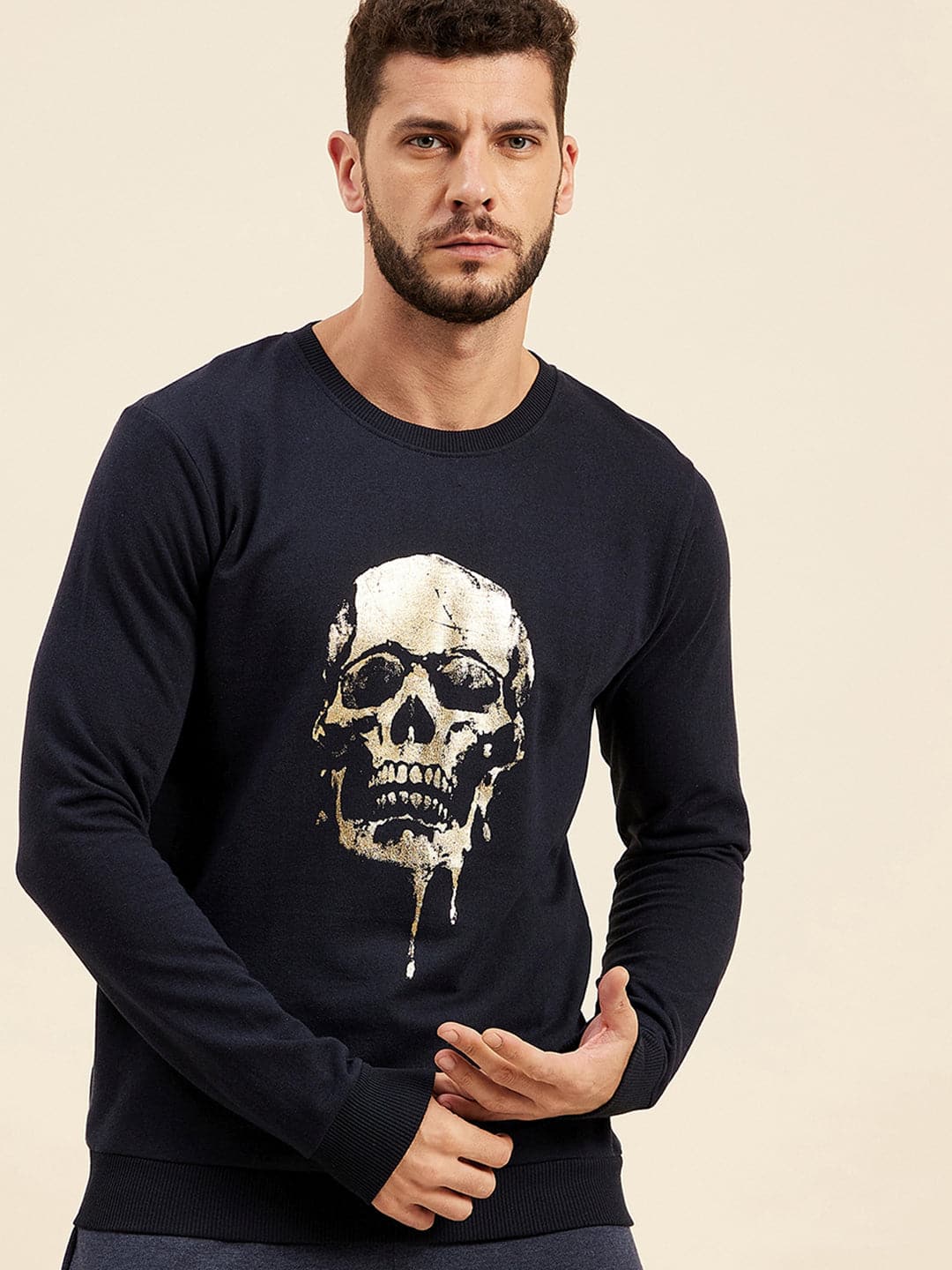 Navy Front Foil Skull Print Sweatshirt-MASCLN