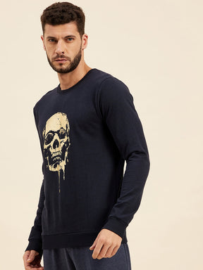 Men Navy Front Foil Skull Print Sweatshirt