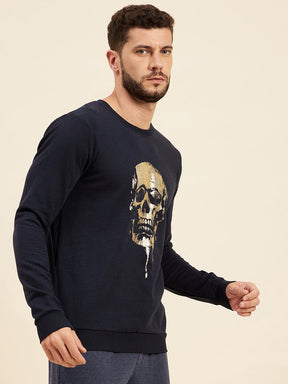 Men Navy Front Foil Skull Print Sweatshirt