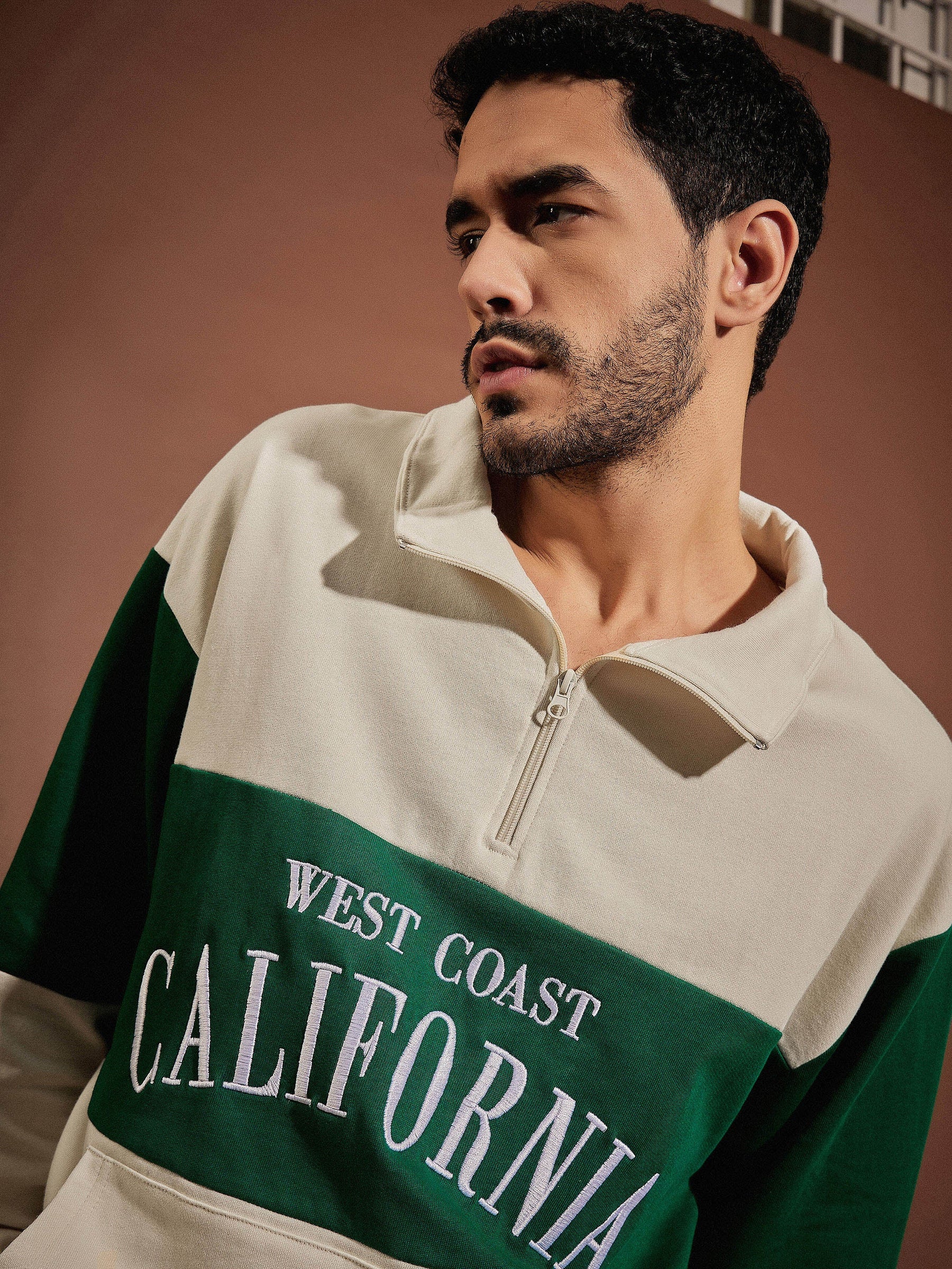Beige & Green CALIFORNIA Zipper Oversized Sweatshirt-MASCLN SASSAFRAS