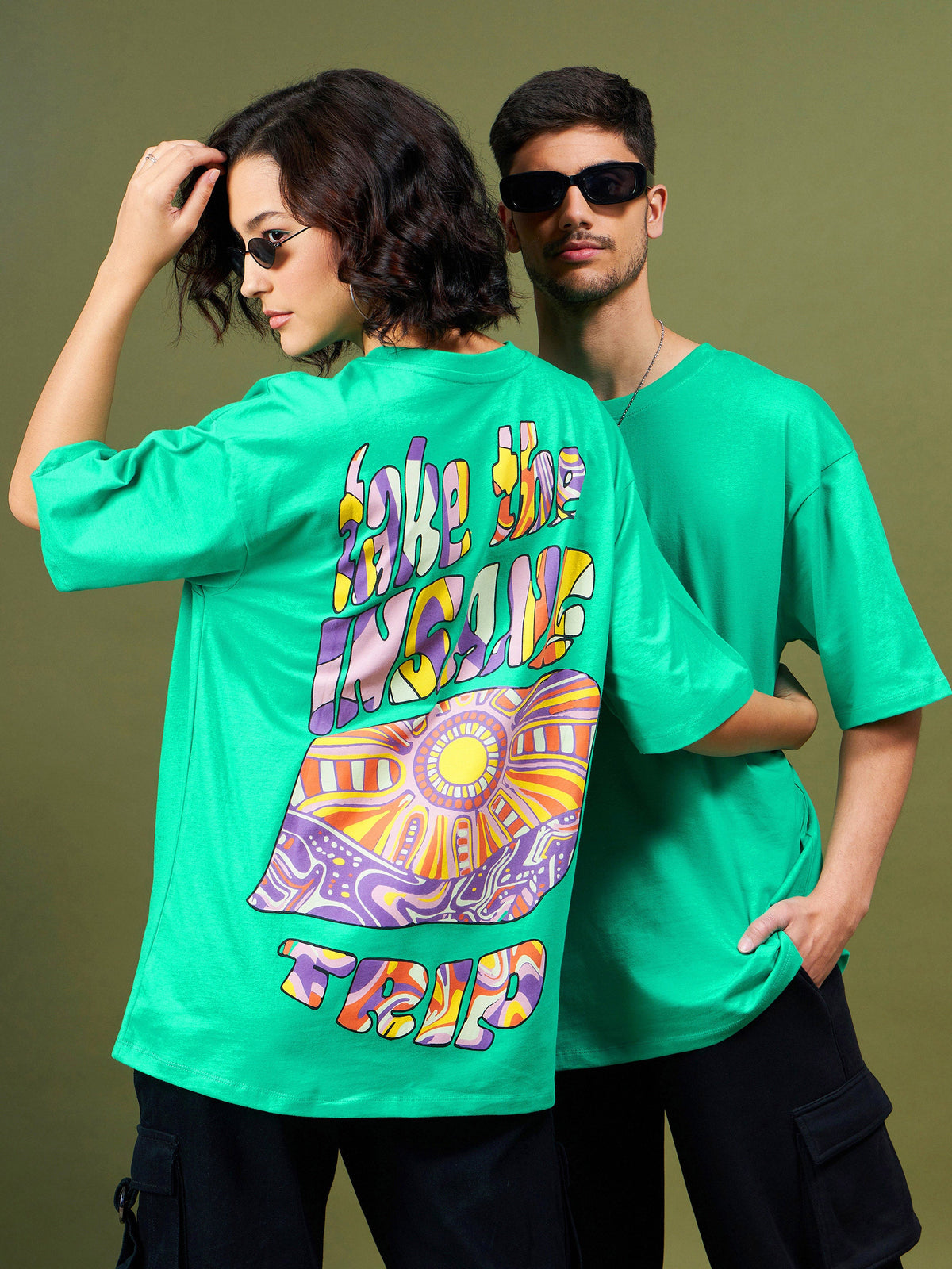 Unisex Green Printed Oversized T-Shirt-MASCLN SASSAFRAS