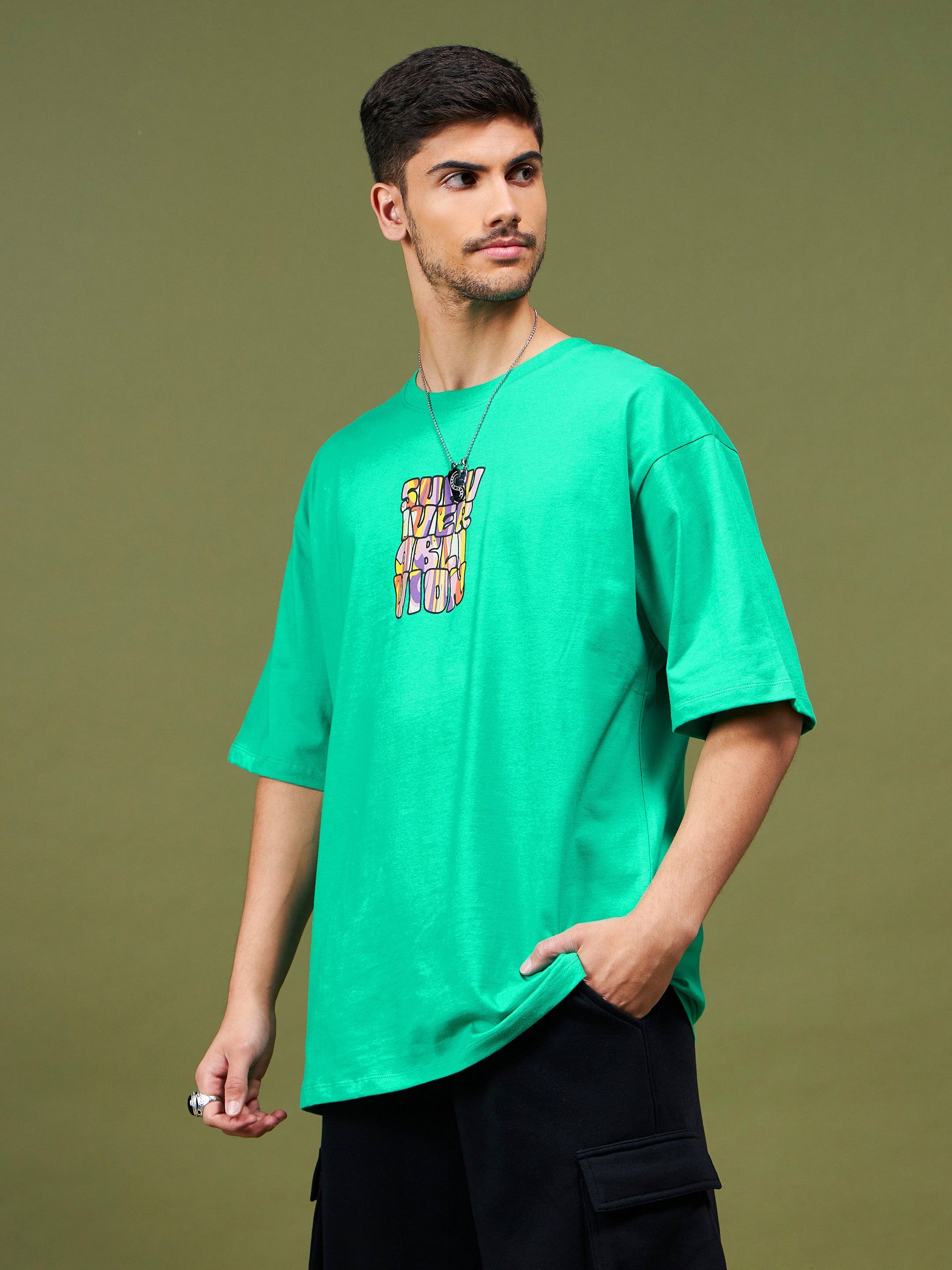 Unisex Green Printed Oversized T-Shirt-MASCLN SASSAFRAS