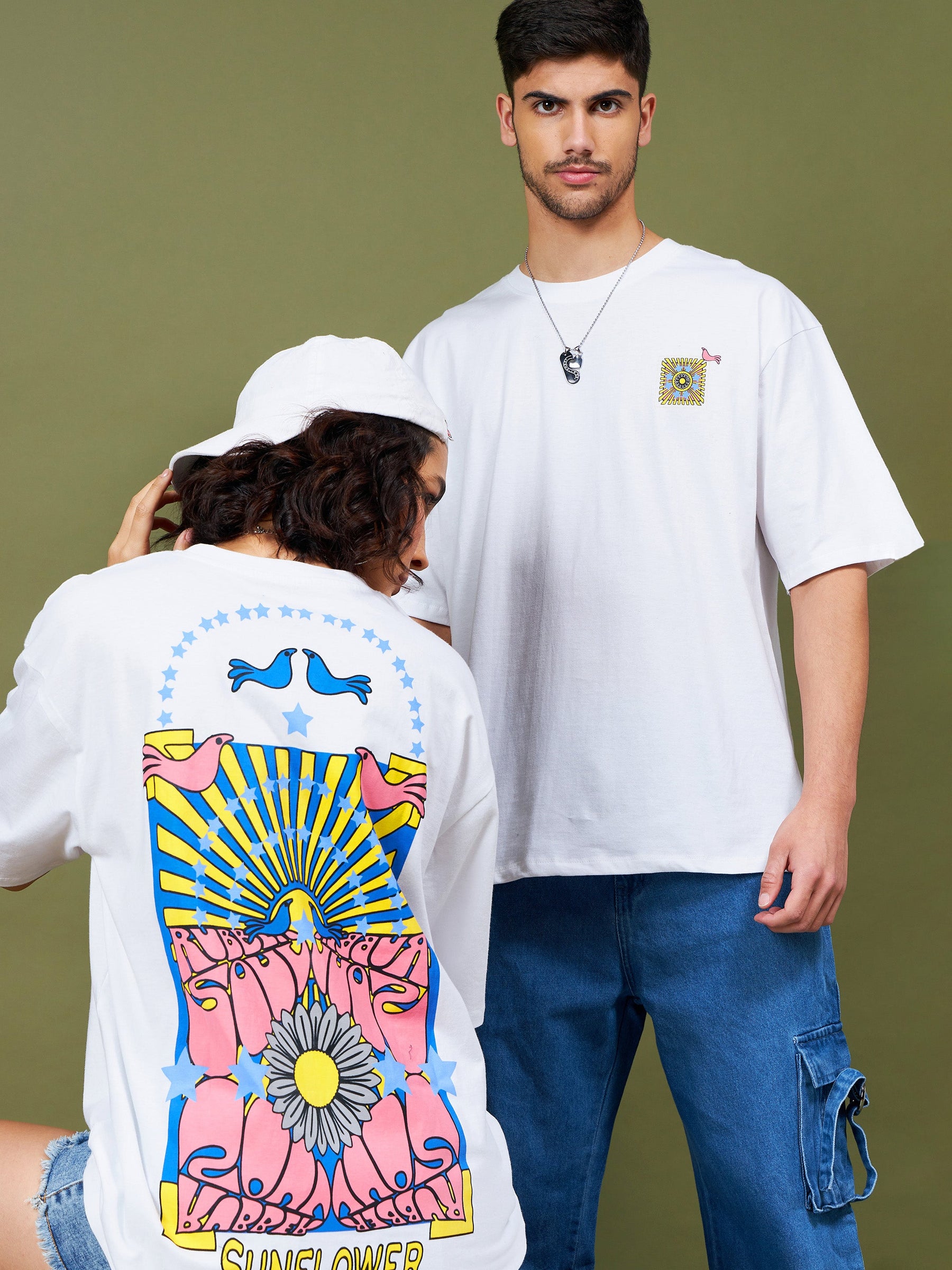 Unisex White SUNFLOWER Oversized T-Shirt-MASCLN SASSAFRAS