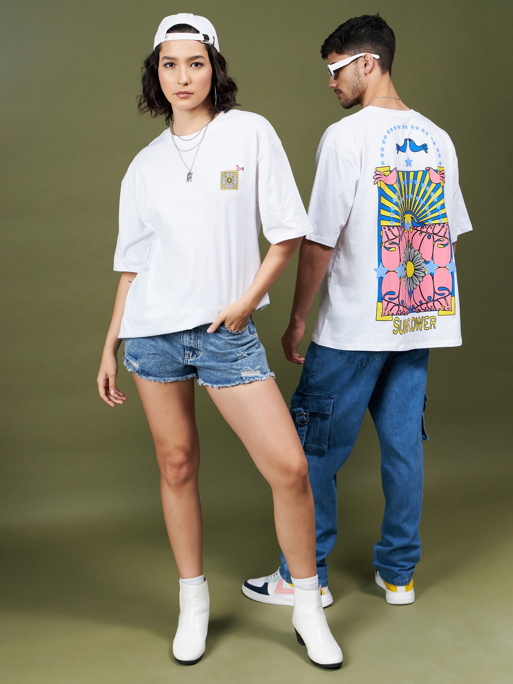 Unisex White SUNFLOWER Oversized T-Shirt-MASCLN SASSAFRAS