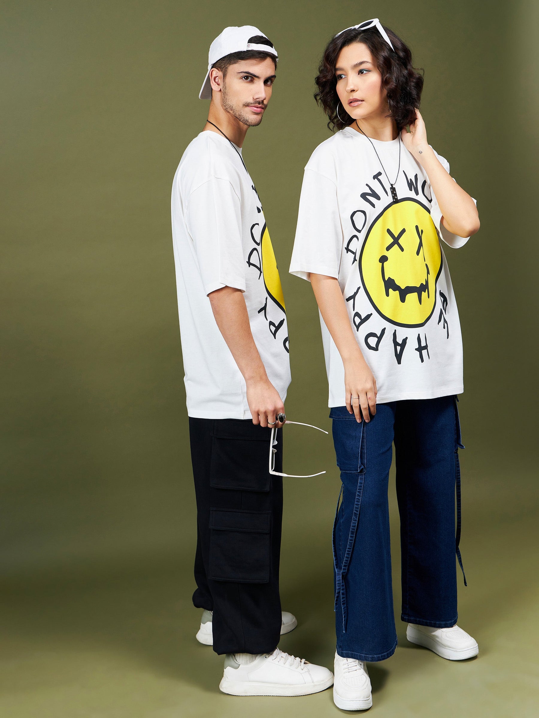 Unisex White DON’T WORRY Oversized T-Shirt-MASCLN SASSAFRAS