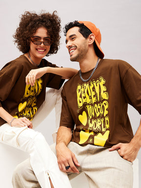 Unisex Brown BELIEVE Oversized T-Shirt-MASCLN SASSAFRAS