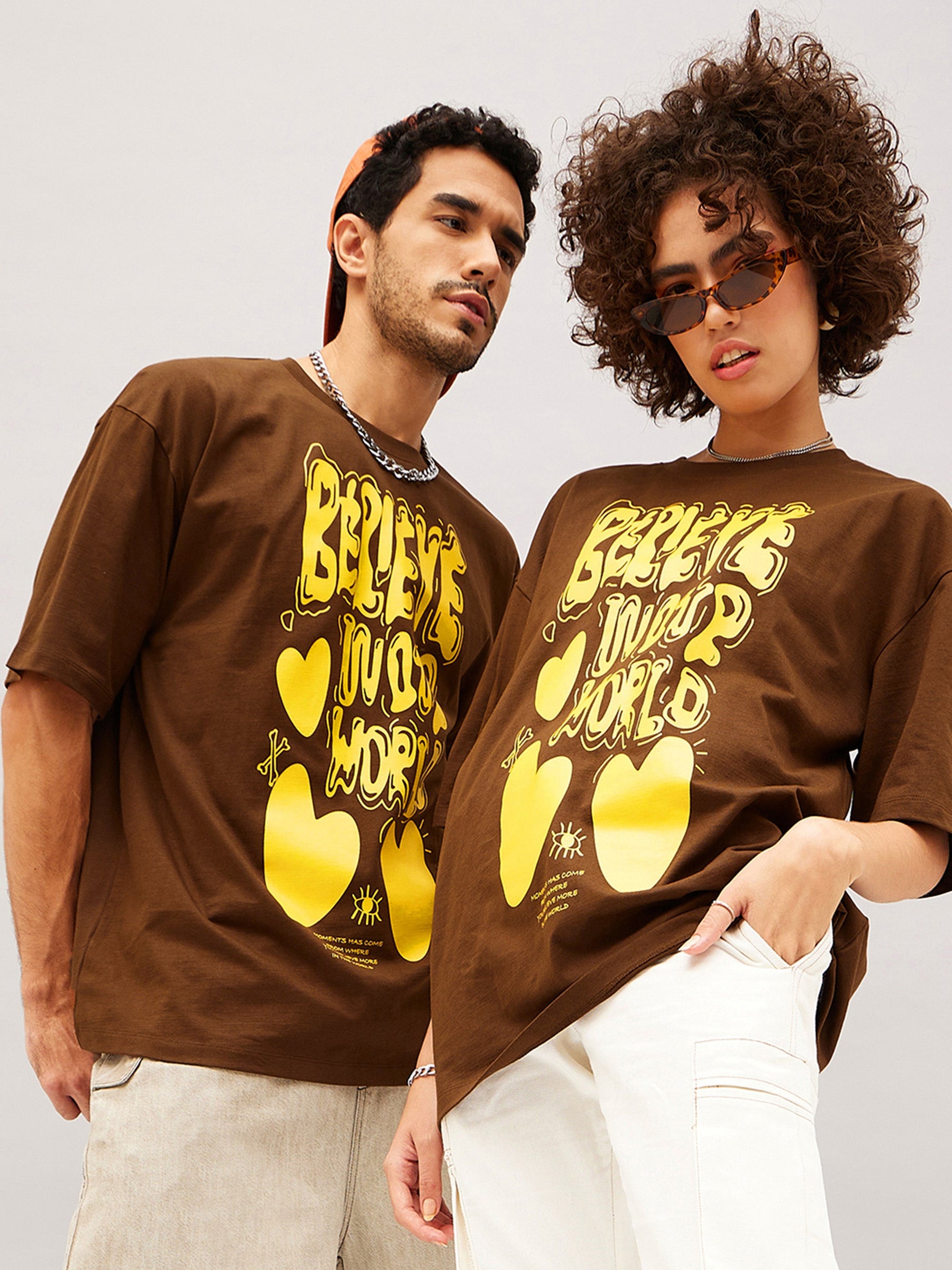 Unisex Brown BELIEVE Oversized T-Shirt-MASCLN SASSAFRAS