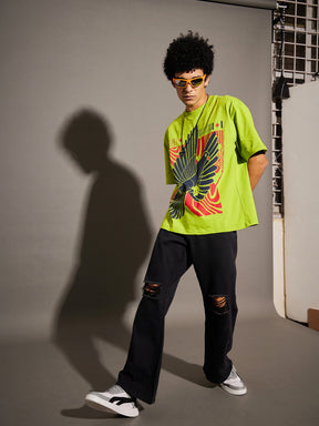 Unisex Green Bird Print Oversized T-Shirt-MASCLN SASSAFRAS