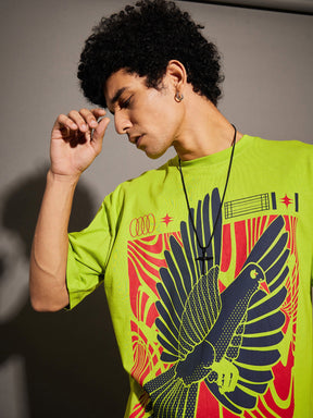 Unisex Green Bird Print Oversized T-Shirt-MASCLN SASSAFRAS